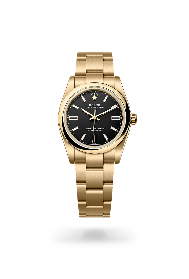 Rolex Oyster Perpetual 34 in Oyster, 34 mm, yellow gold at The Hour Glass