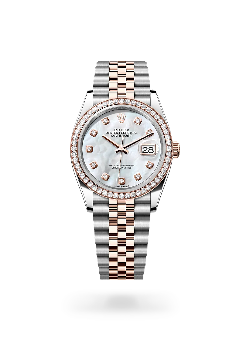 Rolex Datejust 36 in Oyster, 36 mm, thép Oystersteel, vàng Eversose và kim cương at The Hour Glass