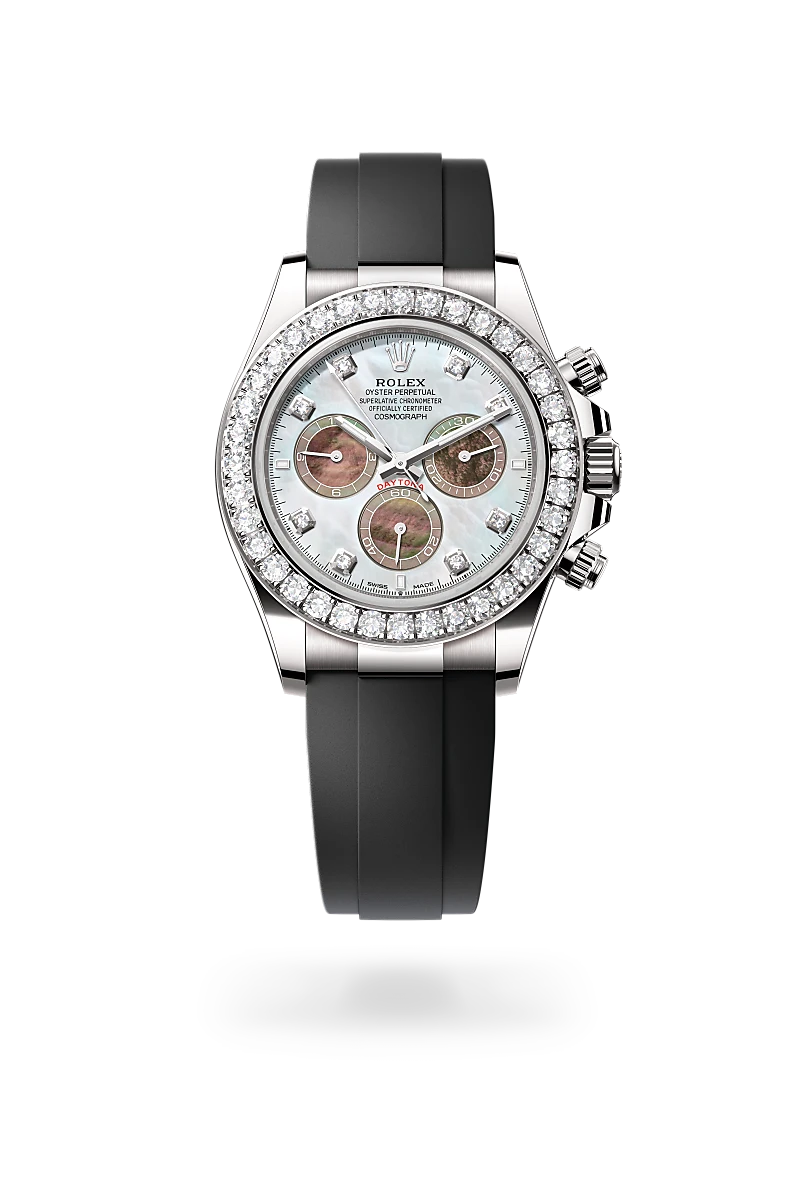 Rolex Cosmograph Daytona in Oyster, 40 mm, white gold and diamonds at The Hour Glass