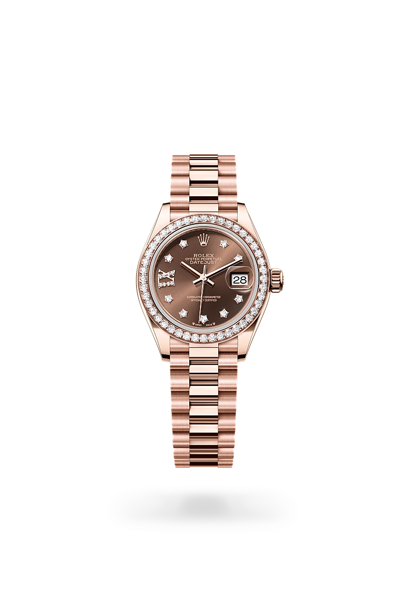 Rolex Lady-Datejust in Oyster, 28 mm, Everose gold and diamonds at The Hour Glass