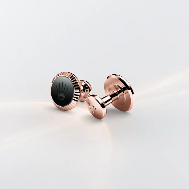 rolex-accessories-a1035-portrait Rolex ‘Fluted’ cufflinks in Everose gold and ceramic, a1035 at The Hour Glass