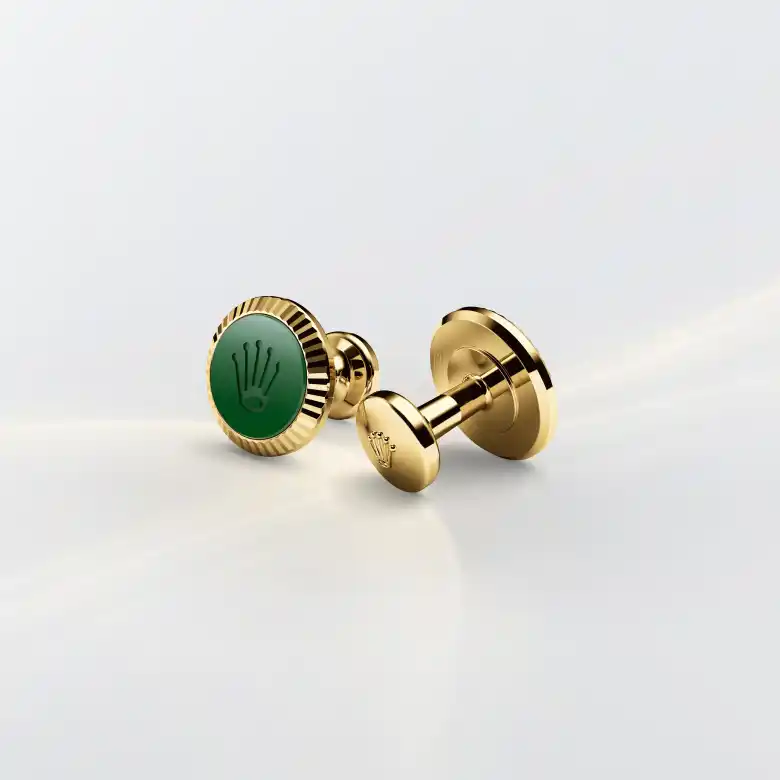 rolex-accessories-a1038-portrait Rolex ‘Fluted’ cufflinks in Yellow gold and ceramic, a1038 at The Hour Glass